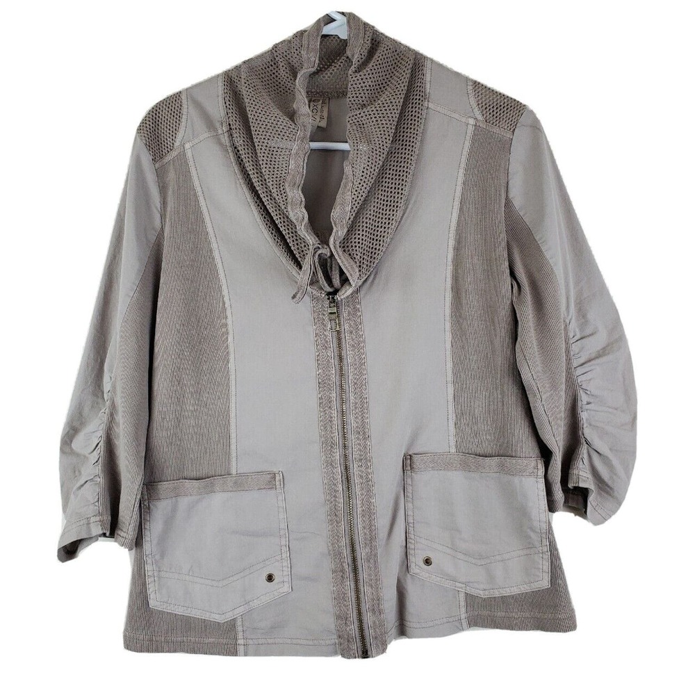 XCVI Wearables Jacket Small Zip Front Stretch Taupe Brown Boho Rucched Sleeves